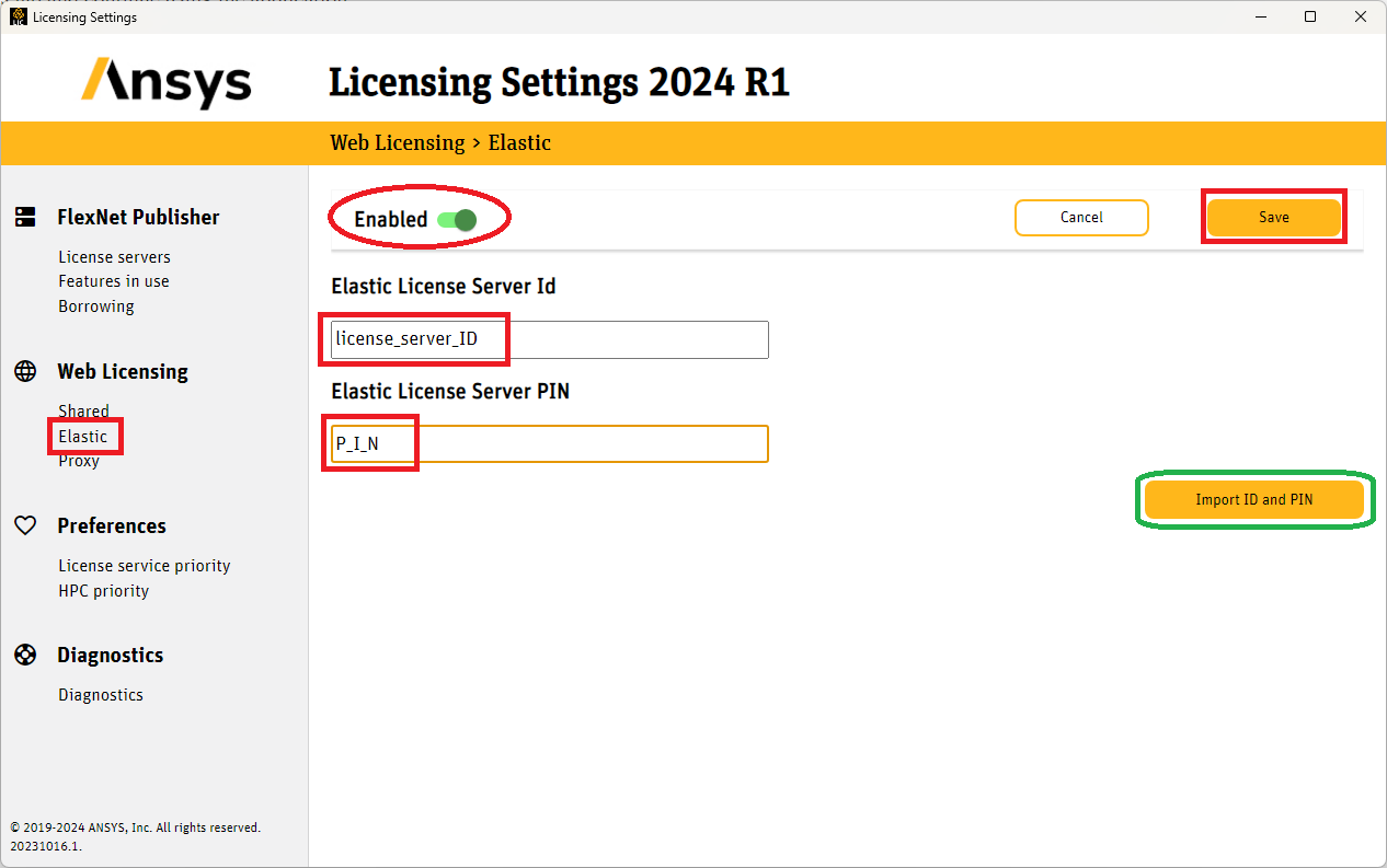 License configuration using the Ansys licensing client settings Ansys